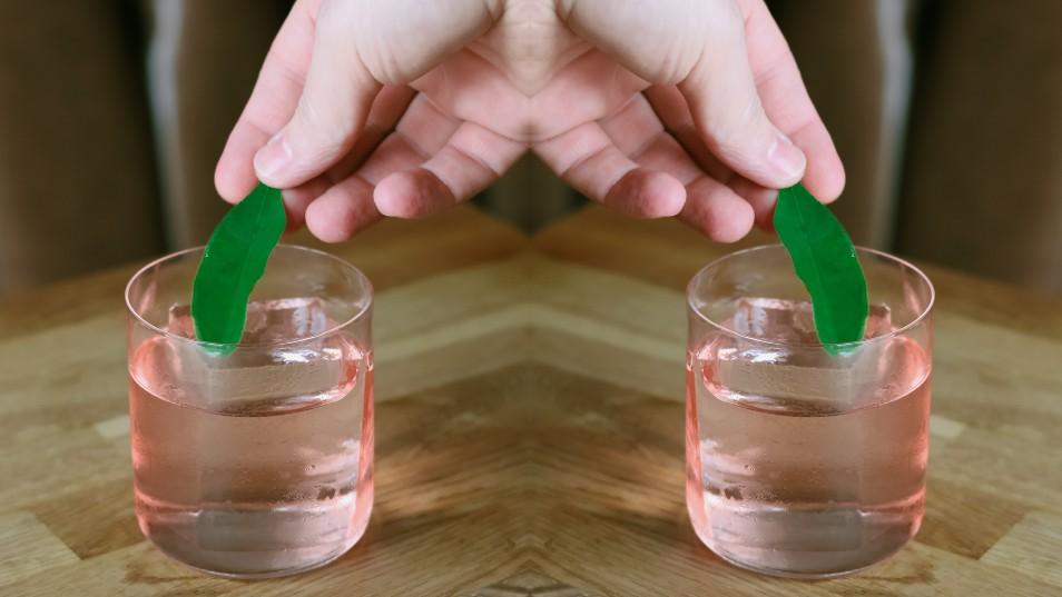 Two hands gently hold a green leaf, positioned in front of two clear glasses filled with a light pink translucent liquid.